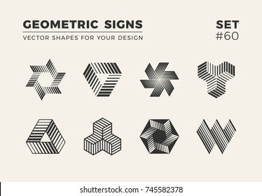 Set of eight minimalistic trendy shapes. Stylish vector logo emblems for Your design. Simple creative geometric signs collection.