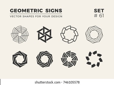 Set of eight minimalistic trendy shapes. Stylish vector logo emblems for Your design. Simple creative geometric signs collection.