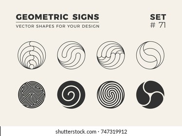 Set of eight minimalistic trendy shapes. Stylish vector logo emblems for Your design. Simple creative geometric signs collection.