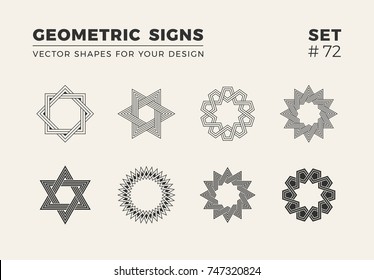 Set of eight minimalistic trendy shapes. Stylish vector logo emblems for Your design. Simple creative geometric signs collection.