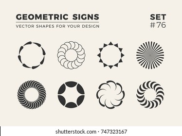 Set of eight minimalistic trendy shapes. Stylish vector logo emblems for Your design. Simple creative geometric signs collection.