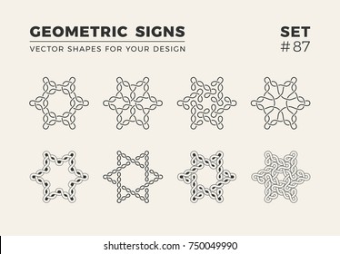 Set of eight minimalistic trendy shapes. Stylish vector logo emblems for Your design. Simple creative geometric signs collection.