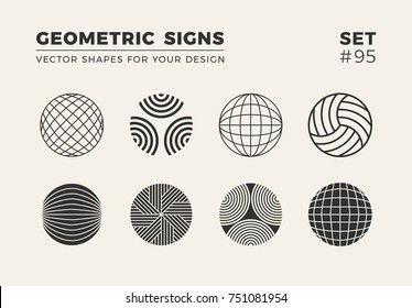 Set of eight minimalistic trendy shapes. Stylish vector logo emblems for Your design. Simple creative geometric signs collection.