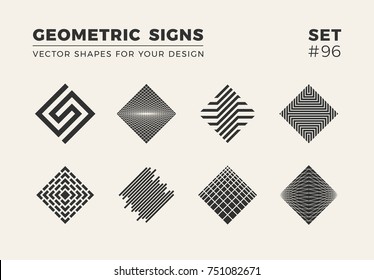 Set of eight minimalistic trendy shapes. Stylish vector logo emblems for Your design. Simple creative geometric signs collection.