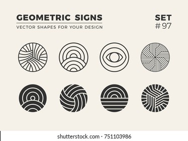 Set of eight minimalistic trendy shapes. Stylish vector logo emblems for Your design. Simple creative geometric signs collection.