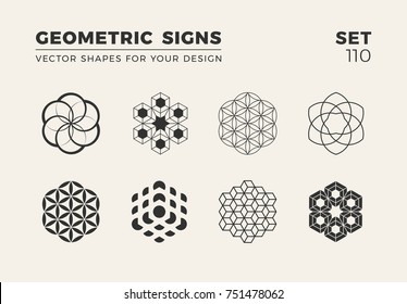 Set of eight minimalistic trendy shapes. Stylish vector logo emblems for Your design. Simple creative geometric signs collection.