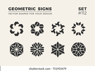 Set of eight minimalistic trendy shapes. Stylish vector logo emblems for Your design. Simple creative geometric signs collection.