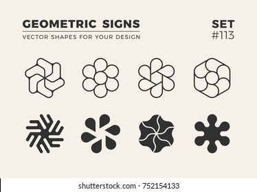 Set of eight minimalistic trendy shapes. Stylish vector logo emblems for Your design. Simple creative geometric signs collection.