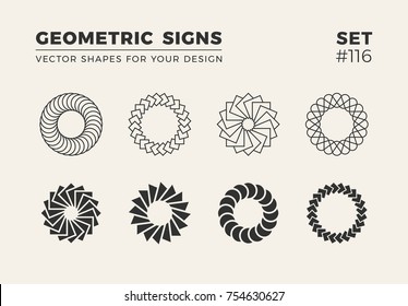 Set of eight minimalistic trendy shapes. Stylish vector logo emblems for Your design. Simple creative geometric signs collection.