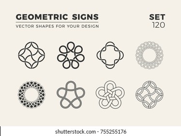 Conjunto de ocho formas minimalistas de moda. Estilosos emblemas vectoriales para Su diseño. Simple colección de signos geométricos creativos.