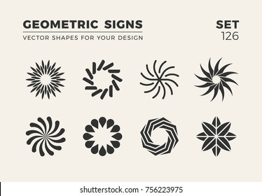 Set of eight minimalistic trendy shapes. Stylish vector logo emblems for Your design. Simple creative geometric signs collection.