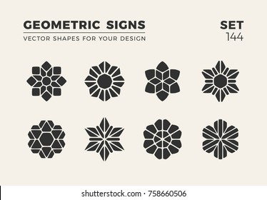 Set of eight minimalistic trendy shapes. Stylish vector logo emblems for Your design. Simple creative geometric signs collection.