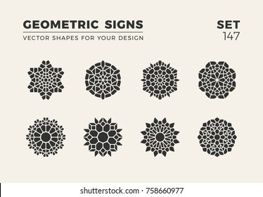 Set of eight minimalistic trendy shapes. Stylish vector logo emblems for Your design. Simple creative geometric signs collection.