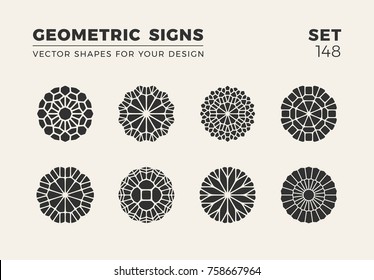 Set of eight minimalistic trendy shapes. Stylish vector logo emblems for Your design. Simple creative geometric signs collection.