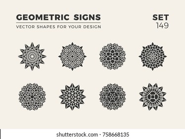 Set of eight minimalistic trendy shapes. Stylish vector logo emblems for Your design. Simple creative geometric signs collection.