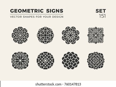 Set of eight minimalistic trendy shapes. Stylish vector logo emblems for Your design. Simple creative geometric signs collection.