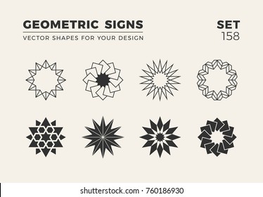 Set of eight minimalistic trendy shapes. Stylish vector logo emblems for Your design. Simple creative geometric signs collection.