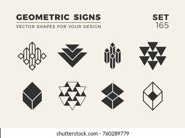 Set of eight minimalistic trendy shapes. Stylish vector logo emblems for Your design. Simple creative geometric signs collection.