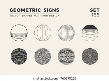 Set of eight minimalistic trendy shapes. Stylish vector logo emblems for Your design. Simple creative geometric signs collection.