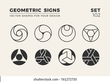 Set of eight minimalistic trendy shapes. Stylish vector logo emblems for Your design. Simple creative geometric signs collection.