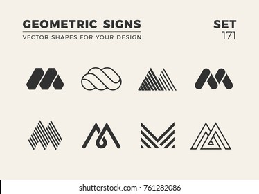 Set of eight minimalistic trendy shapes. Stylish vector logo emblems for Your design. Simple creative geometric signs collection.