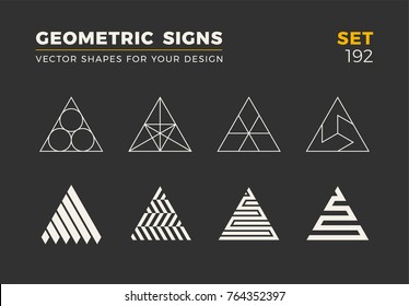 Set of eight minimalistic trendy shapes. Stylish vector logo emblems for Your design. Simple universal geometric signs collection.