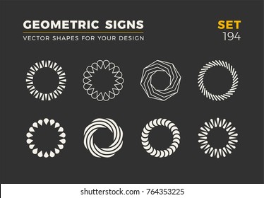 Set of eight minimalistic trendy shapes. Stylish vector logo emblems for Your design. Simple universal geometric signs collection.