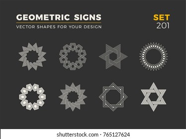 Set of eight minimalistic trendy shapes. Stylish vector logo emblems for Your design. Simple universal geometric signs collection.