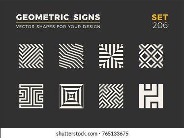 Set of eight minimalistic trendy shapes. Stylish vector logo emblems for Your design. Simple universal geometric signs collection.