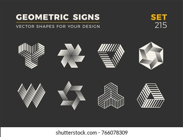 Set of eight minimalistic trendy shapes. Stylish vector logo emblems for Your design. Simple universal geometric signs collection.