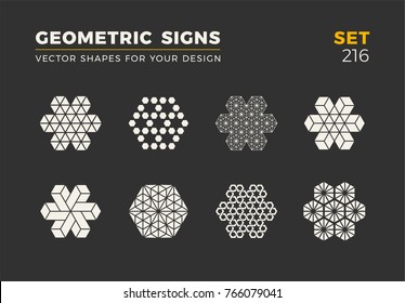 Set of eight minimalistic trendy shapes. Stylish vector logo emblems for Your design. Simple universal geometric signs collection.