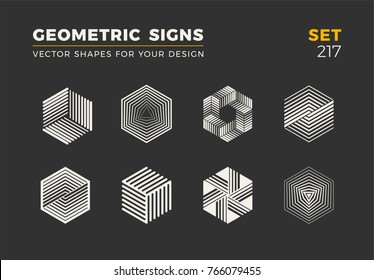 Set of eight minimalistic trendy shapes. Stylish vector logo emblems for Your design. Simple universal geometric signs collection.