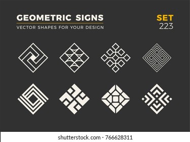 Set Of Eight Minimalistic Trendy Shapes. Stylish Vector Logo Emblems For Your Design. Simple Universal Geometric Signs Collection.