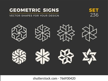 Set of eight minimalistic trendy shapes. Stylish vector logo emblems for Your design. Simple universal geometric signs collection.