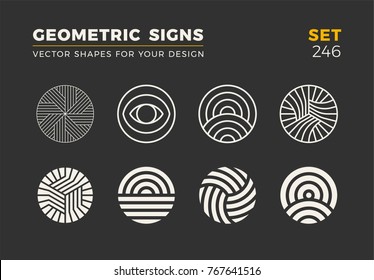 Set of eight minimalistic trendy shapes. Stylish vector logo emblems for Your design. Simple universal geometric signs collection.