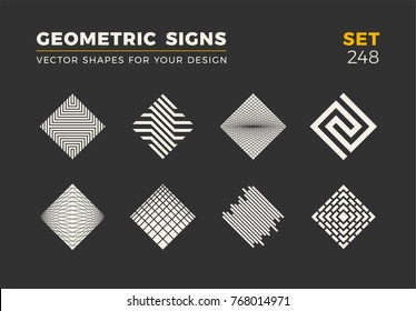 Conjunto de ocho Formas minimalistas de moda. Emblemas de logotipo de Vector con estilo para su diseño. Colección de signos geométricos universales simples.