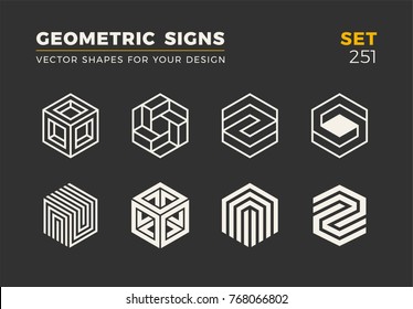 Set Of Eight Minimalistic Trendy Shapes. Stylish Vector Logo Emblems For Your Design. Simple Universal Geometric Signs Collection.