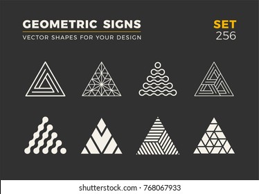 Set of eight minimalistic trendy shapes. Stylish vector logo emblems for Your design. Simple universal geometric signs collection.