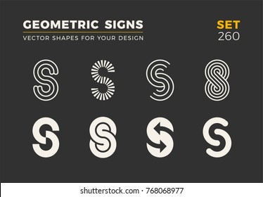 Set of eight minimalistic trendy shapes. Stylish vector logo emblems for Your design. Simple universal geometric signs collection.