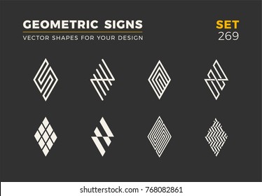 Set of eight minimalistic trendy shapes. Stylish vector logo emblems for Your design. Simple universal geometric signs collection.
