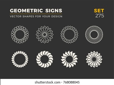 Set of eight minimalistic trendy shapes. Stylish vector logo emblems for Your design. Simple universal geometric signs collection.
