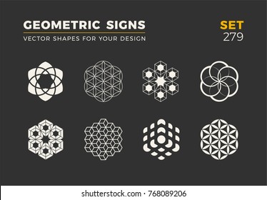 Set of eight minimalistic trendy shapes. Stylish vector logo emblems for Your design. Simple universal geometric signs collection.