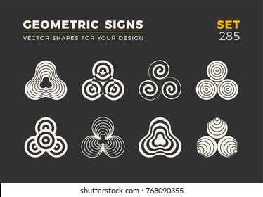 Set of eight minimalistic trendy shapes. Stylish vector logo emblems for Your design. Simple universal geometric signs collection.