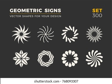 Set of eight minimalistic trendy shapes. Stylish vector logo emblems for Your design. Simple universal geometric signs collection.