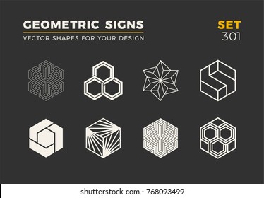 Set of eight minimalistic trendy shapes. Stylish vector logo emblems for Your design. Simple universal geometric signs collection.