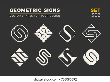 Set of eight minimalistic trendy shapes. Stylish vector logo emblems for Your design. Simple universal geometric signs collection.