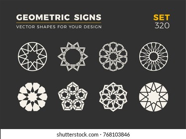 Set of eight minimalistic trendy shapes. Stylish vector logo emblems for Your design. Simple universal geometric signs collection.