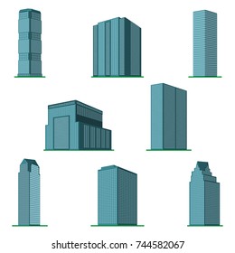 Set of eight  modern high-rise building on a white background. View of the building from the bottom. Isometric vector illustration.
