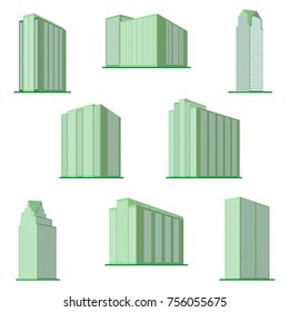 Set of eight  modern high-rise building on a white background. View of the building from the bottom. Isometric vector illustration.
