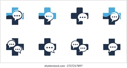 Um conjunto de oito desenhos de logotipo modernos, cada um integrando um símbolo de cruz médica em azul e azul escuro com bolhas de fala brancas contendo elipses, representando visualmente conceitos de comunicação de saúde, apoio médico, consulta on-line e serviços de telesaúde